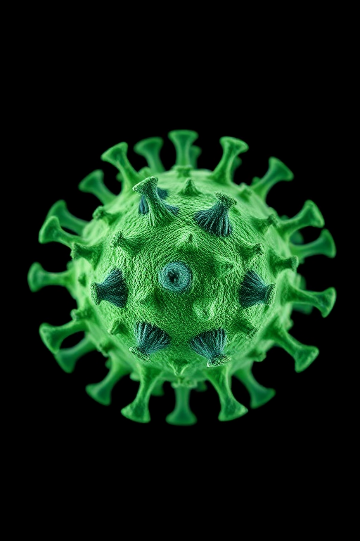 highly detailed 3D render of a green virus on a black background, macro shot, f/8 aperture, 1/100 sec shutter speed, ISO 400, using a Canon EOS 5D Mark IV, focus stacking technique, softbox lighting for even illumination