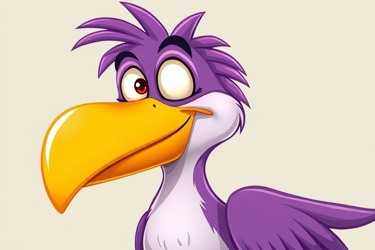Create a cartoon-style illustration of a playful, exaggerated bird with a large yellow beak and purple feathers, capturing a light-hearted expression, using a high-resolution digital camera with a 50mm lens, f/8 aperture, ISO 100, and soft lighting to enhance colors and details.