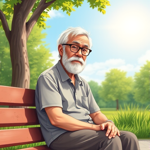 Create an illustration of an elderly man with a beard wearing glasses and casual clothes sitting on a park bench, surrounded by greenery and a bright sky, captured with a 50mm lens, f/2.8 aperture, ISO 100, in vibrant colors and high contrast.
