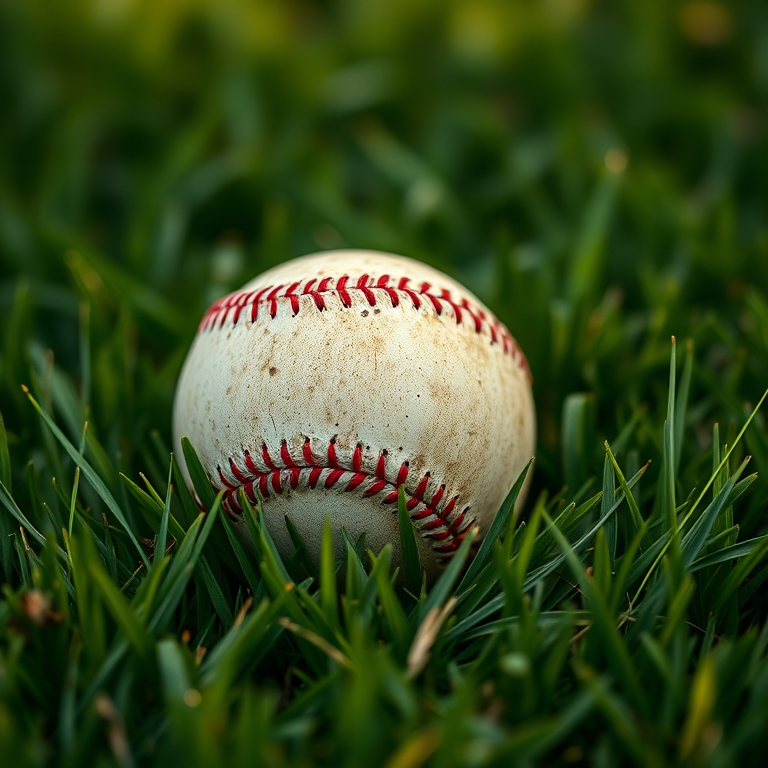 a close-up shot of a weathered baseball resting on lush green grass, shallow depth of field, 50mm lens, f/2.8 aperture, soft natural lighting, DSLR camera