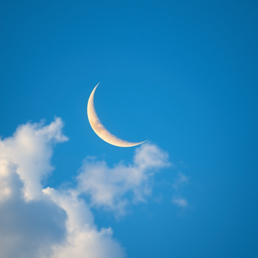 Create a high-resolution image of a crescent moon with a soft yellow hue surrounded by fluffy white clouds against a clear blue sky, captured with a DSLR camera at f/8, ISO 100, 1/200s, using a 50mm lens for sharp detail and vibrant color.