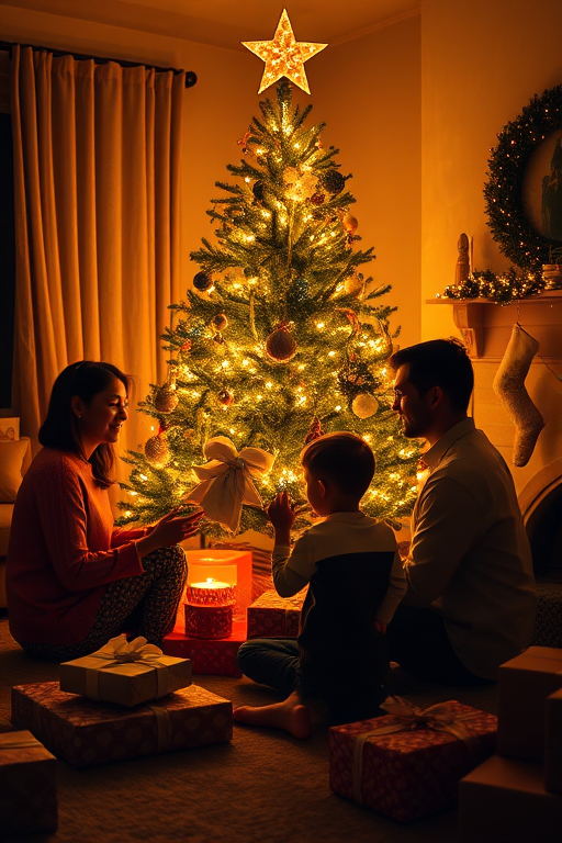 Warm, intimate image of a family gathered around a Christmas tree, soft golden light from the tree's lights illuminating their faces, with wrapped presents and holiday decorations scattered around the room.