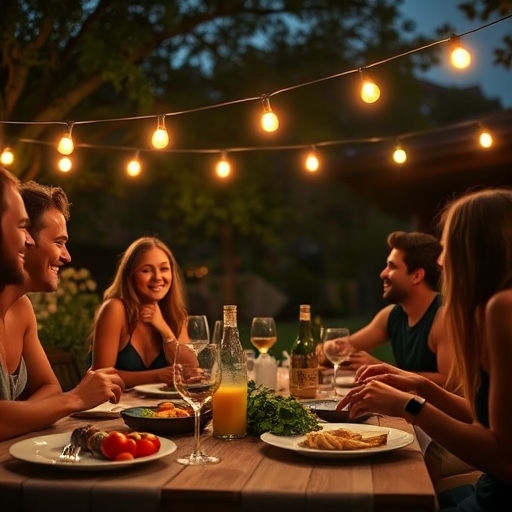 Warmly lit image of friends sharing a potluck dinner under the stars, soft glow from string lights casting warm shadows, the smell of grilled vegetables and laughter filling the air.
