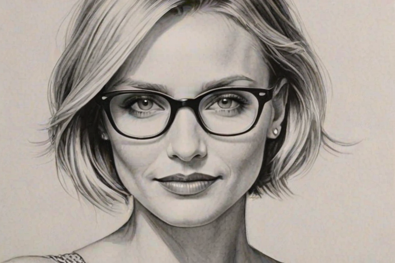 Appealing Cameron Diaz, pencil sketch, portrait of Ravishing woman 1920s in glasses, hair style beatnik, outline, clear lines, fine lines, 8k