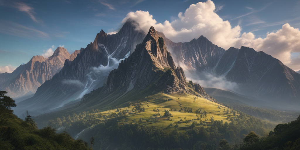 Majestic Mountain Range Under a Dramatic Sky with Lush Green Valley Below