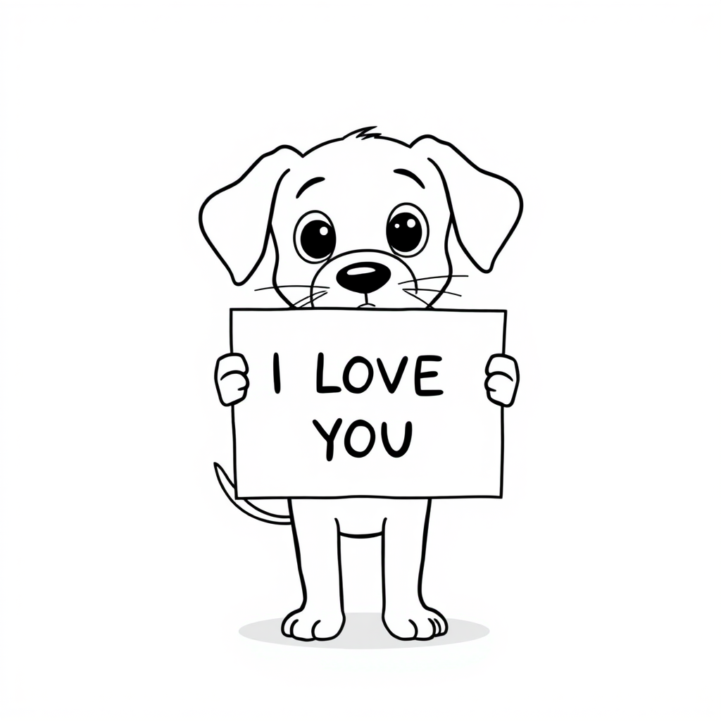 A minimalist cartoon of a PUPPY standing on a blank white background, holding a sign that simply says, 'I LOVE YOU.' The puppy is drawn with just a few lines: big eyes, whiskers, floppy ears, and a straight tail, giving it a comically desperate expression.