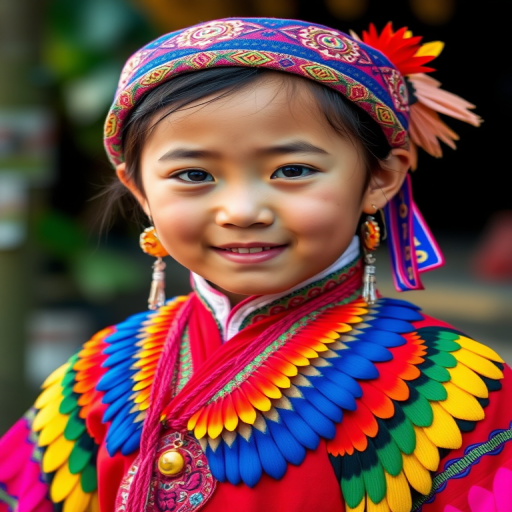A beautiful Miao girl, wearing colorful bird clothing with vibrant colors