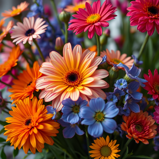 High-resolution floral arrangement featuring vibrant orange, pink, and blue flowers, captured with a Canon EOS R5, 50mm lens, f/1.8 aperture, 1/200s shutter speed, natural lighting, shallow depth of field for soft background blur.