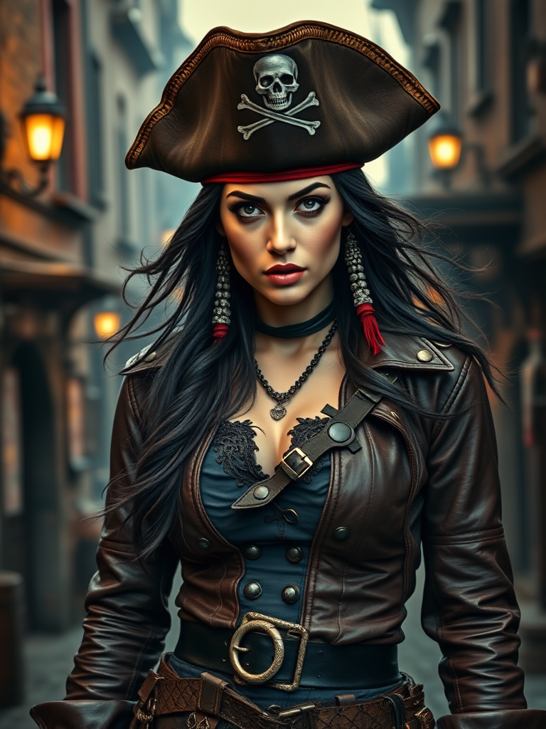 Create a portrait of a fierce female pirate. She wears a leather tricorn hat adorned with a skull and crossbones emblem, and her long, dark hair flows around her face. Her outfit consists of a richly detailed leather jacket, a corset, and multiple layers of belts and accessories, giving her a formidable and stylish appearance. She stands confidently in a dimly lit, historic port town, with a backdrop of weathered buildings and cobblestone streets, capturing the adventurous spirit of a pirate.