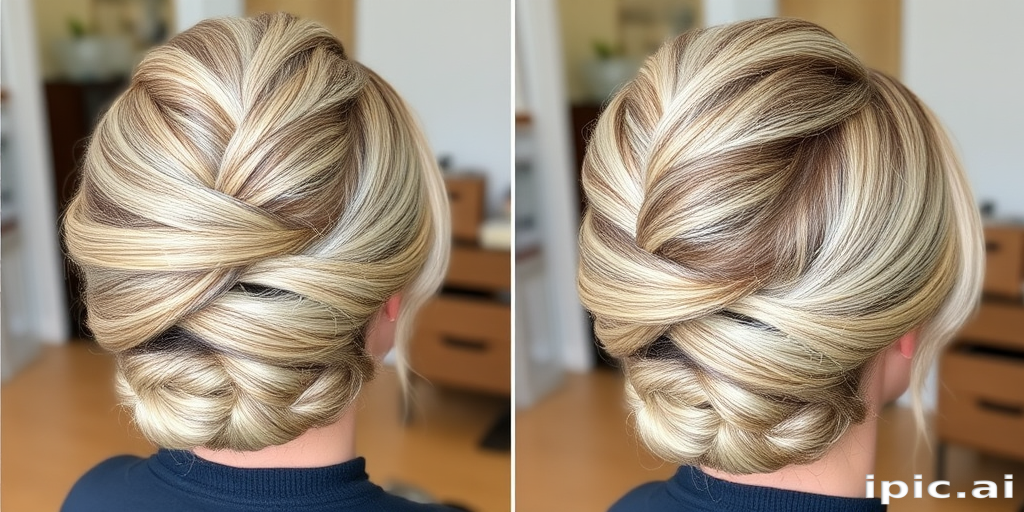Elegant ash blonde French twist with silver lowlights, created by Greta Silverstone, exhibiting a smooth, polished finish and intricate braided details wrapped around the base