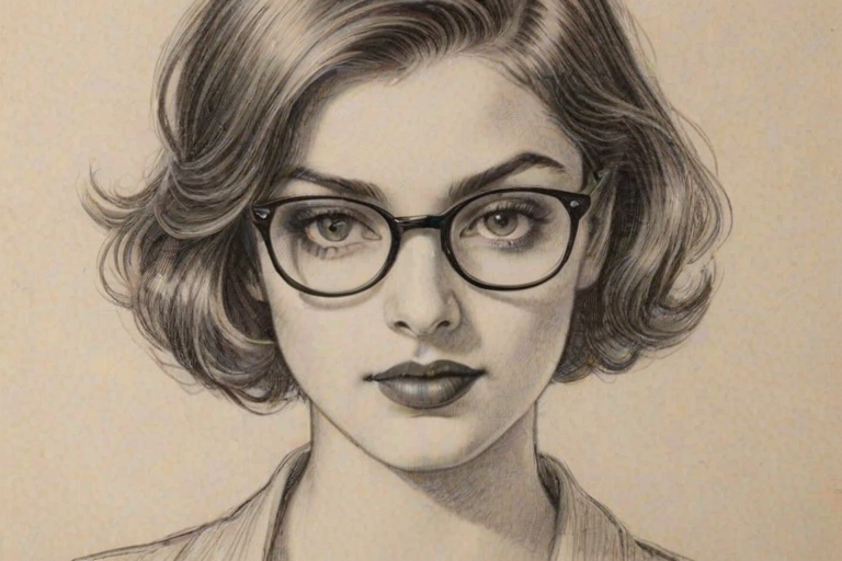 Alluring Diana Silvers, pencil sketch, portrait of Pleasing woman 1928s in glasses, hair style beatnik, outline, clear lines, fine lines, 8k