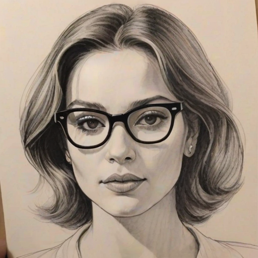Magnificent Daya, pencil sketch, portrait of Exquisite woman 1974s in glasses, hair style beatnik, outline, clear lines, fine lines, 8k