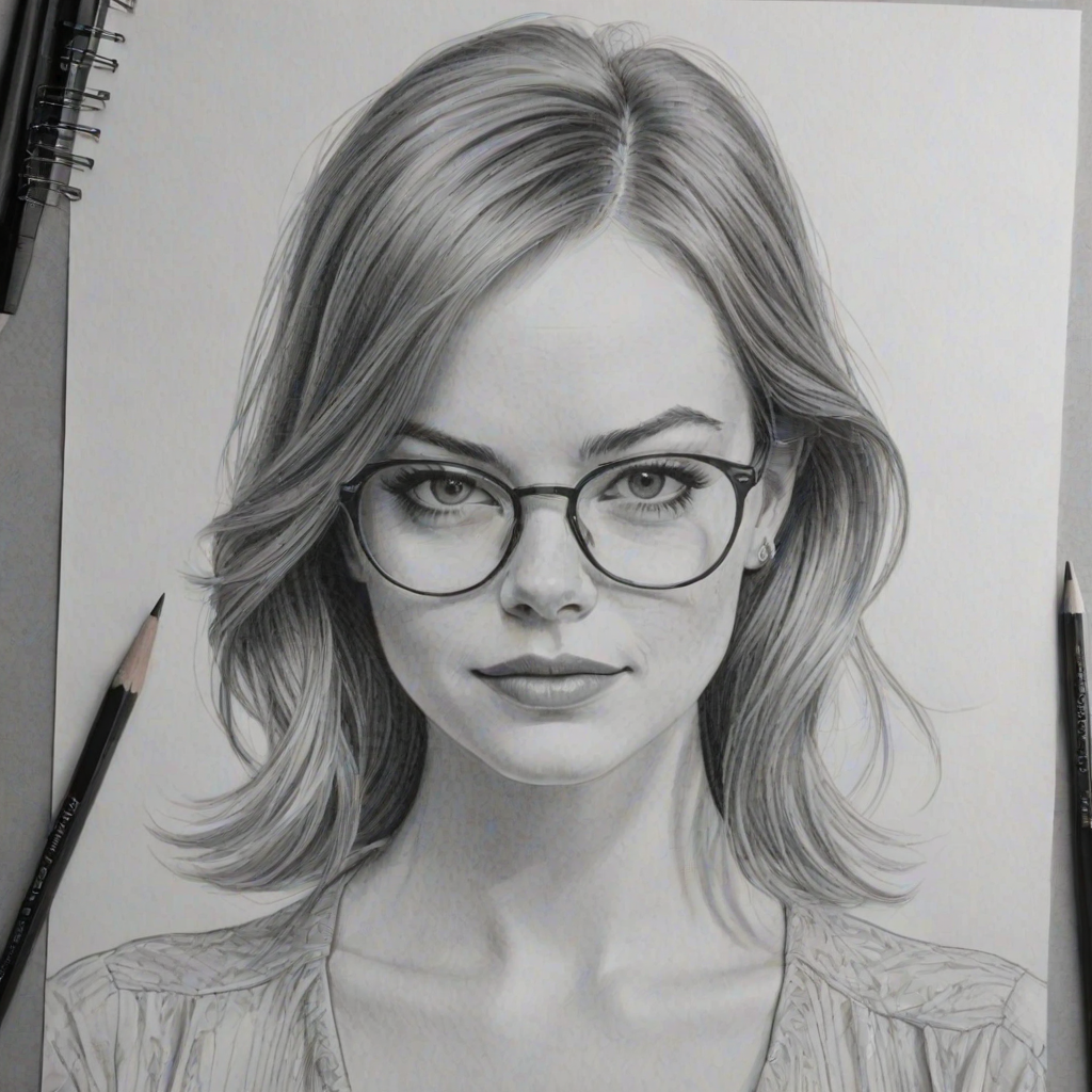 Stunning Emma Stone, pencil sketch, portrait of Fascinating woman 1962s in glasses, hair style beatnik, outline, clear lines, fine lines, 8k
