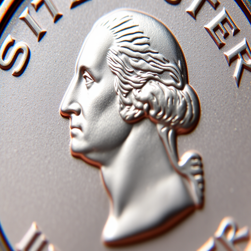 Close-up shot of a United States quarter dollar coin with a clear view of George Washington's profile, natural lighting, f/2.8 aperture, 50mm lens, ISO 100, macro photography style, low angle view.