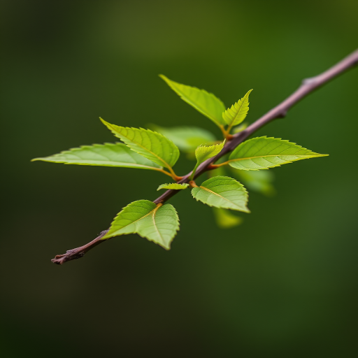 Create a high-resolution image of a simple branch with vibrant green leaves, using a macro lens with f/2.8 aperture, ISO 100, and a 50mm focal length, capturing the branch from a slightly elevated angle to enhance detail and depth.