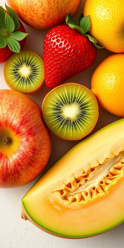 Create a vibrant vector illustration of assorted fruits including a strawberry, kiwi, lemon, apple, and cantaloupe on a neutral background, using a Canon EOS R5 with a 50mm f/1.8 lens at ISO 100, aperture f/2.8, and a shallow depth of field for a crisp focus on the fruits.