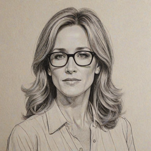 Sublime Felicity Huffman, pencil sketch, portrait of Resplendent woman 1968s in glasses, hair style beatnik, outline, clear lines, fine lines, 8k
