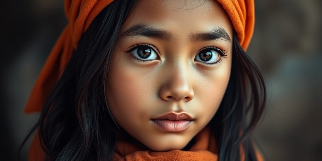 Create a portrait of a young Pacific Islander female with long, dark hair and captivating hazel eyes. She is wearing a orange headscarf and a matching scarf draped gracefully around her neck. The background is softly blurred, focusing attention on her serene and natural expression. The overall color palette is muted and warm, enhancing the intimate and authentic feel of the portrait.