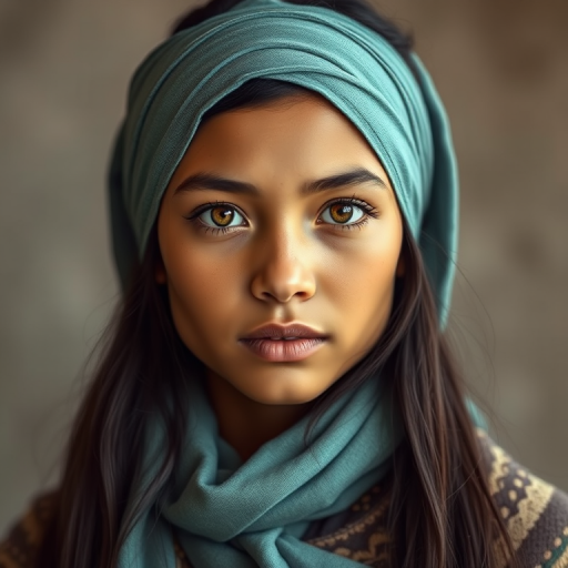 Create a portrait of a young Inca female with long, dark hair and captivating hazel eyes. She is wearing a cyan headscarf and a matching scarf draped gracefully around her neck. The background is softly blurred, focusing attention on her serene and natural expression. The overall color palette is muted and warm, enhancing the intimate and authentic feel of the portrait.