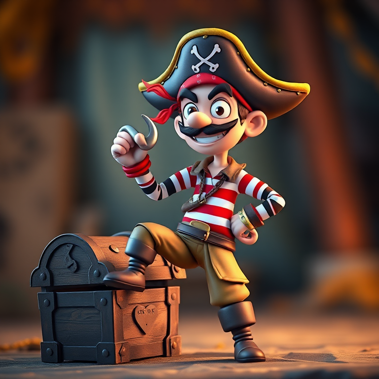Create a colorful cartoon-style image of a pirate character with a hook hand, wearing a striped shirt and bandana, standing confidently with one leg on a treasure chest, shot with a Canon EOS R5, 85mm f/1.4 lens, at f/2.8, with vibrant colors and a soft focus background.