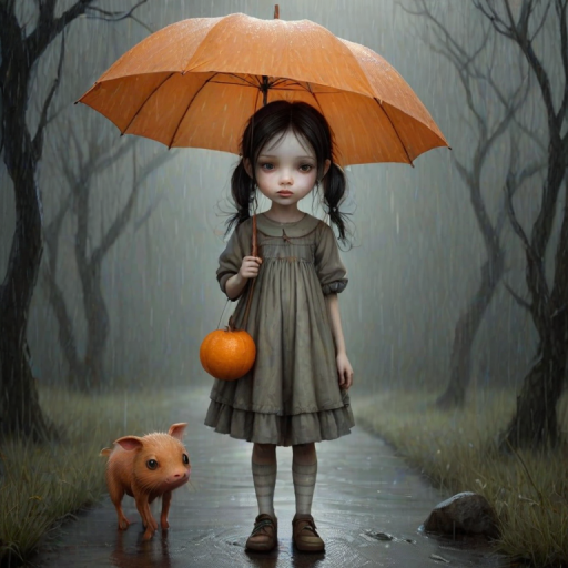 An eerie, weird little girl with dark hair in thin pigtails, wearing a smock dress, standing in the rain, holding a dirty orange umbrella, a small, odd creature beside her. In a surreal style inspired by Nicoletta Ceccoli and Brian Froud. Dark fantasy themes