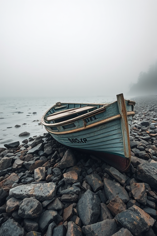 capture a weathered boat resting on rocky shore under a misty atmosphere with soft lighting using a DSLR camera at f/8, 1/125s, ISO 200, focal length 35mm, wide-angle view, emphasize textures and hues for enhanced image quality