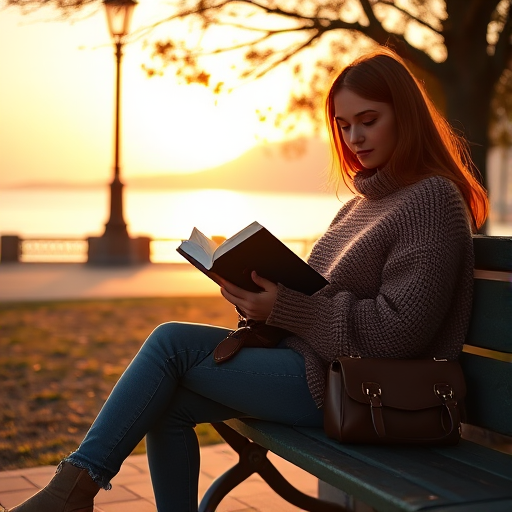 Capture a serene sunset scene of a young woman sitting on a park bench, engrossed in a book, wearing a cozy oversized sweater and jeans, with a stylish handbag beside her, soft golden light illuminating her face, background featuring a calm ocean and a lamppost; Camera settings: aperture f/2.8, shutter speed 1/200s, ISO 100; Camera view: eye-level; Camera style: warm tones and soft focus; Camera type: DSLR.