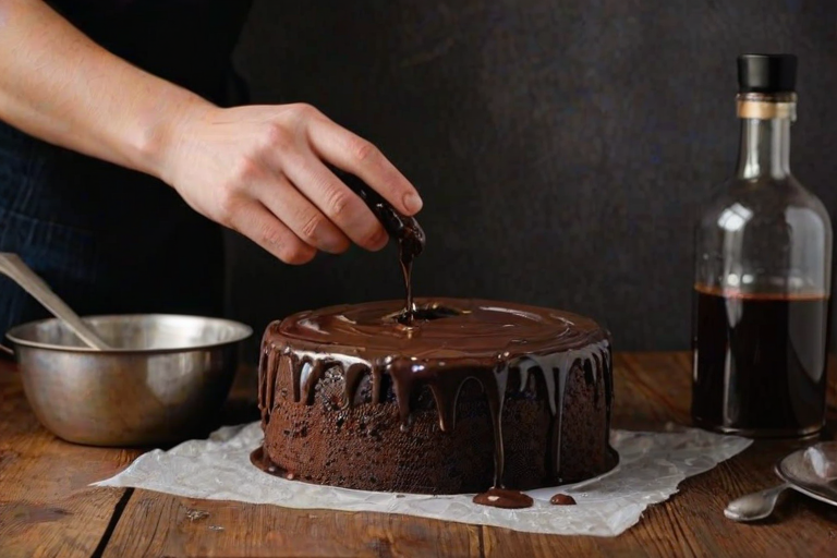 Create an image of a rich chocolate cake being soaked with a dark liquor, placed on a wooden surface. Include a vintage tin labeled "CAKES" in the background, and ensure the cake is wrapped in parchment paper. Capture the moment of pouring, highlighting the texture of the cake and the liquid.