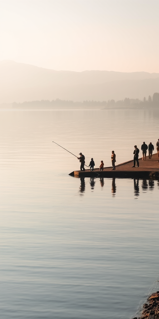 Capture a serene lakeside scene with fishermen and people walking along the shore, focusing on reflections in the water, early morning light, ISO 100, f/8, 1/250s, 24mm lens, DSLR, high dynamic range.
