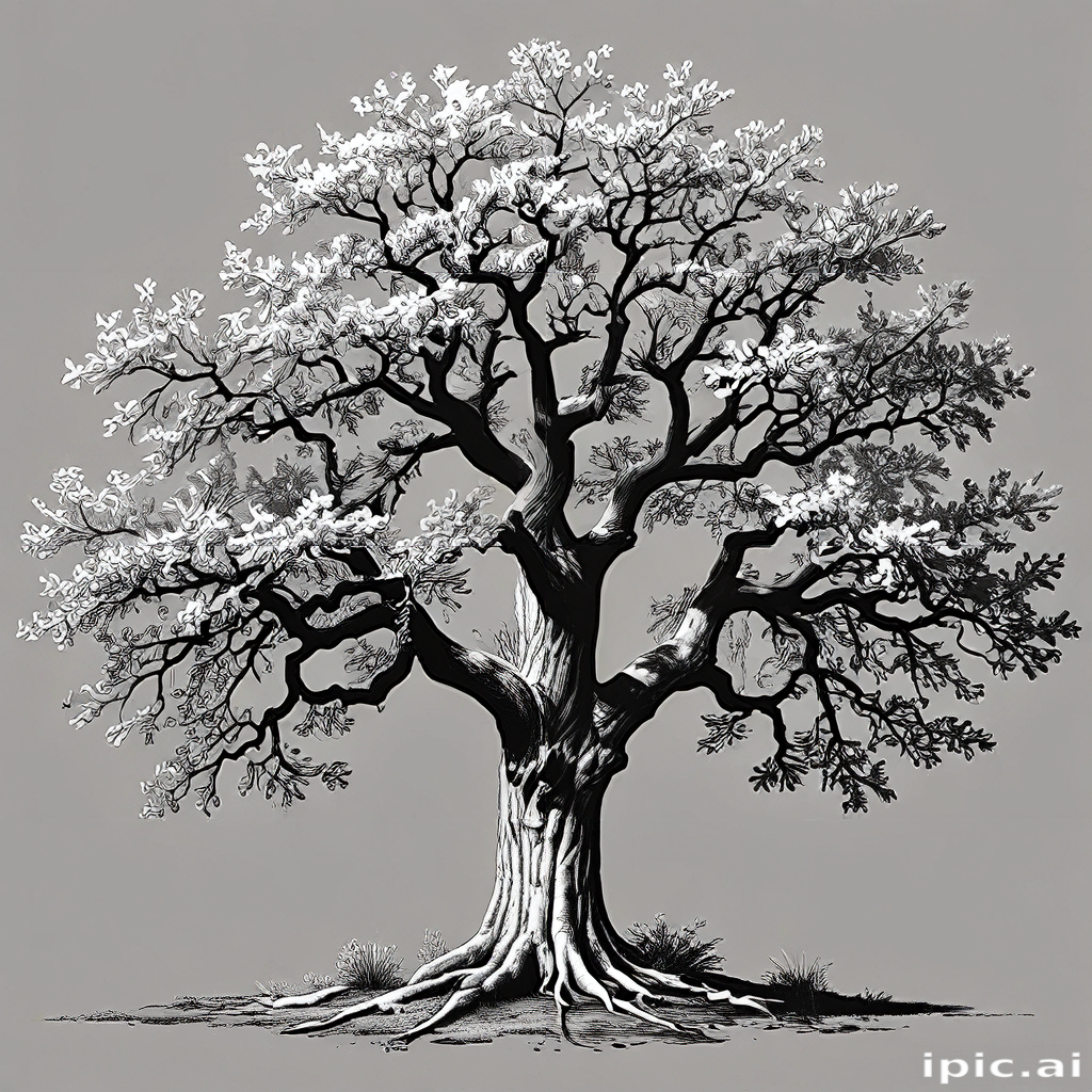 Elegant Black and White Illustration of a Majestic Tree with Intricate ...