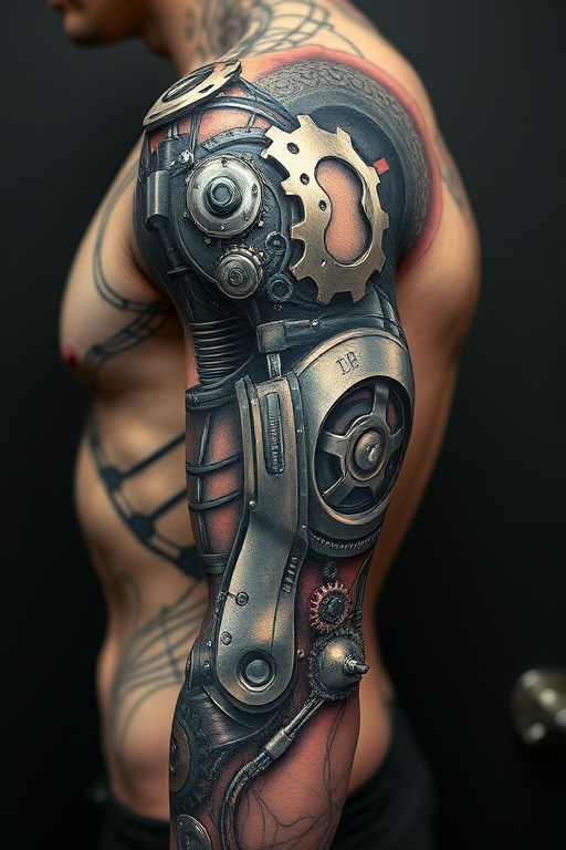 Realistic 3D biomechanical tattoo dubbed "Cybernetic Evolution" depicting hyper-detailed mechanical components seamlessly merging with human anatomy gears pistons and circuitry appear to lie just beneath the surface of the skin creating an illusion of a futuristic cyborg enhancement meticulously shaded to achieve a striking three-dimensional effect