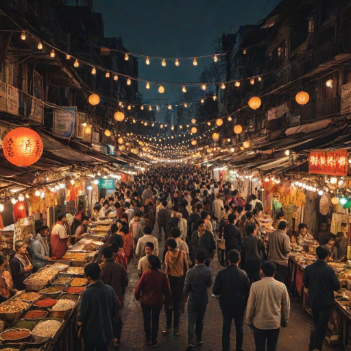 Bustling street market at night, with food stalls serving delicious treats, the aroma of spices in the air, and vibrant lights creating an inviting atmosphere.