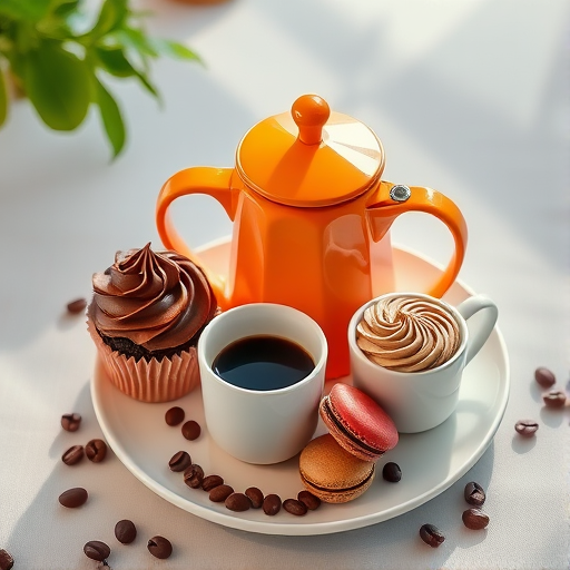 Create a high-resolution illustration of a cozy coffee scene featuring a bright orange coffee pot, a chocolate frosted cupcake, a small espresso cup, and macarons, arranged on a white plate with scattered coffee beans, using a DSLR camera with a 50mm lens at f/1.8, shot from a top-down view with soft natural lighting to enhance the colors and details.