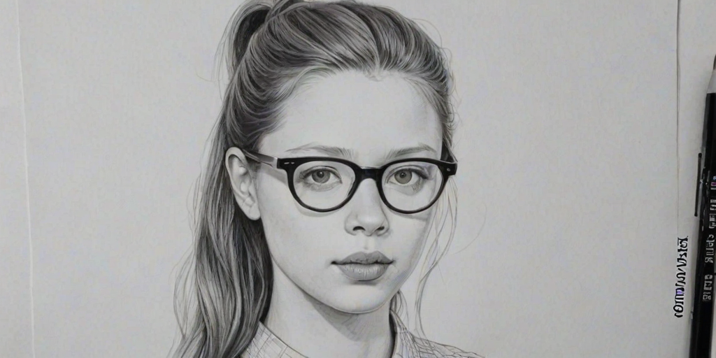 Fascinating Mia Goth, pencil sketch, portrait of Lovely woman 1964s in glasses, hair style beatnik, outline, clear lines, fine lines, 8k