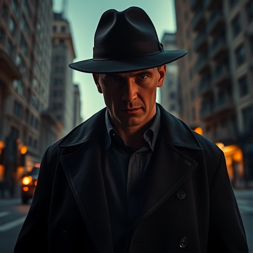 Create a moody urban noir scene featuring a detective in a fedora with a shadowed face, against a backdrop of towering buildings and a vintage car, using a Canon EOS R5 with a 50mm f/1.8 lens, aperture set to f/2.8, ISO 200, and a low angle view to emphasize the dramatic lighting and colors.