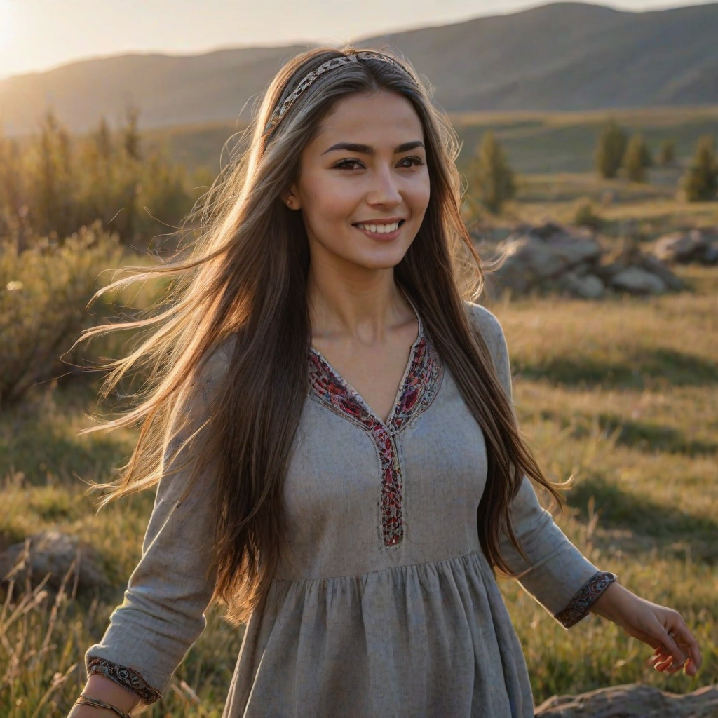 ultrarealistic, Delightful Tajik woman, pirouette on her head, gray hair, long straight hair, she is wearing Spring clothes, the sun gently illuminates her hair. Ultrarealistic skin, stands in the meadow, 1 girl, age - about 33 years old, swarthy complexion, ultrarealistic skin, smiles gently, stands near the campfire. She looks sexy