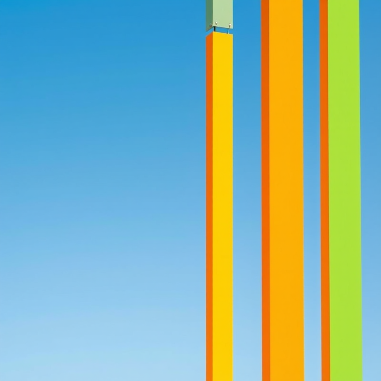 Create an abstract graphic featuring vertical bars in shades of orange, yellow, and green against a gradient blue sky background, using a wide-angle lens with an aperture of f/8, ISO 100, and a high dynamic range to enhance color vibrancy and clarity.
