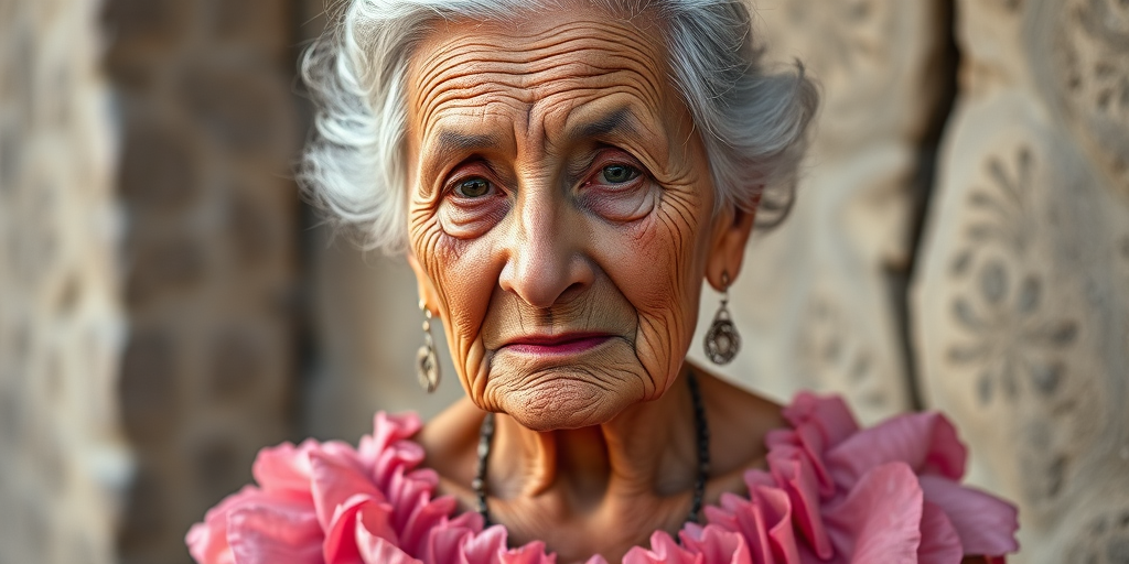 RAW photo, a candid full body portrait of a beautiful 70 year old woman, wrinkled face, (pink summer dress made of fractals like spiked romanesco cabbage), 8k uhd, dslr, soft lighting, high quality, film grain, Fujifilm XT3