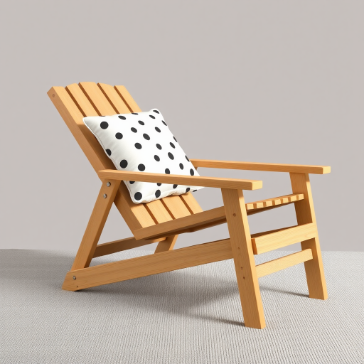 create a high-resolution digital illustration of a wooden reclining chair with a polka dot pillow in a minimalistic style, using a 50mm lens, aperture f/1.8, ISO 100, with soft diffused lighting to enhance textures and details, captured from a slightly elevated angle for depth.
