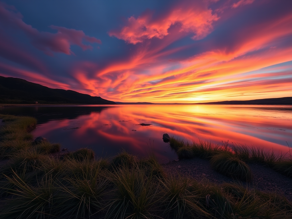Create a high-resolution image of a serene landscape at sunset, with vibrant colors in the sky reflecting on a calm lake, using a Canon EOS R5, ISO 100, f/8, 1/125s, wide-angle lens at 24mm, shot from a low angle to capture foreground details and a panoramic view.