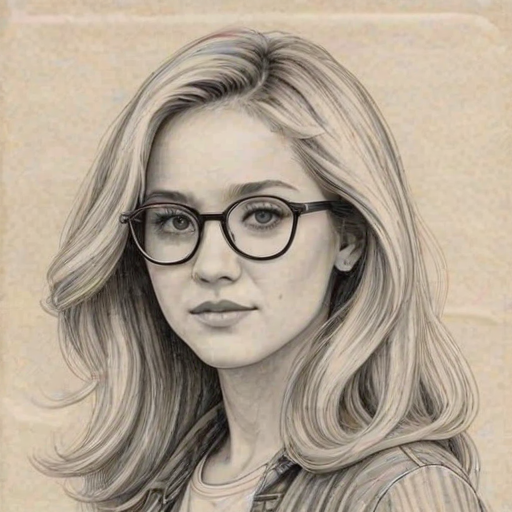 Radiant Hannah Montana, pencil sketch, portrait of Splendid woman 1976s in glasses, hair style beatnik, outline, clear lines, fine lines, 8k