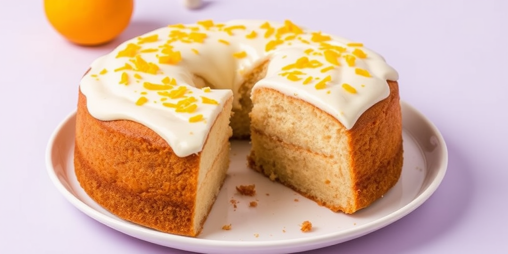 A delicious cake with a creamy frosting on top sprinkled with orange zest served on a white plate with a light purple background, slices cut to reveal the soft texture inside.