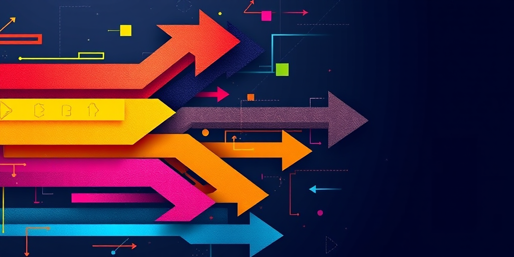 Create an abstract graphic design featuring dynamic colorful arrows representing growth hacking, with a vibrant color palette, using a DSLR camera in HDR mode, ISO 100, aperture f/8, focal length 35mm, shot from a top-down angle to enhance sharpness and clarity.