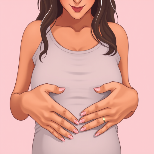 Create a high-resolution illustration of a woman with medium skin tone gently placing her hands over her stomach in a heart shape, with a soft pink background, using a DSLR camera set to f/2.8, 1/125s, ISO 100, shot from a slightly elevated angle to capture details and enhance depth of field.