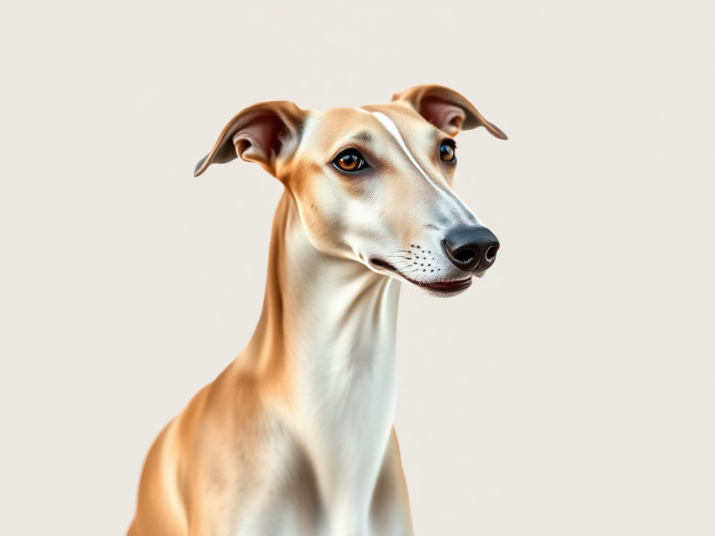 Create a high-resolution watercolor illustration of a greyhound-style dog with soft, neutral colors, ensuring a smooth gradient background, captured in a 50mm lens at f/2.8 with natural lighting and a slightly elevated camera angle to enhance depth and detail.