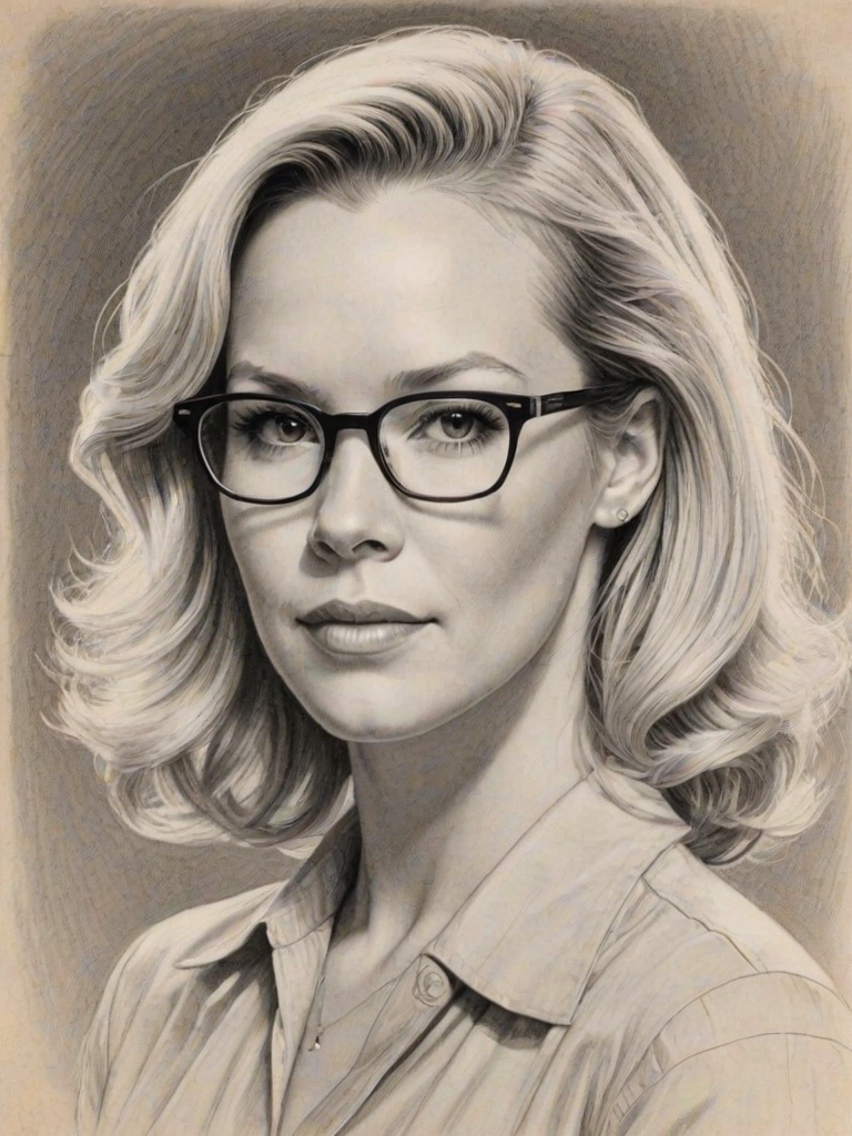 Fascinating Jennie Garth, pencil sketch, portrait of Wonderful woman 1942s in glasses, hair style beatnik, outline, clear lines, fine lines, 8k