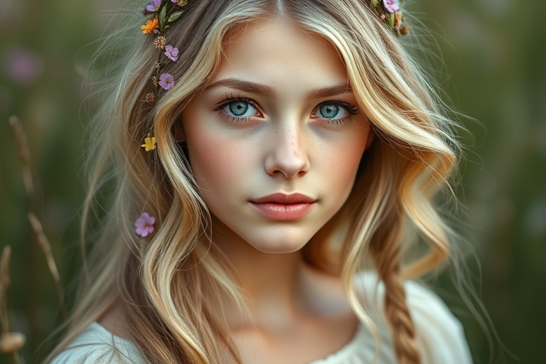 Create an image of a young woman with long, wavy blonde hair, adorned with small, colorful flowers woven into her braids and loose strands. Her complexion is fair, with soft, glowing skin, and she has light blue eyes that gaze softly at the viewer. She wears a light, flowing dress with a gentle, ethereal quality, complementing her delicate and serene appearance. The background is slightly blurred, drawing focus to her tranquil expression and the intricate details of the flowers in her hair. The overall mood of the image is one of natural beauty and grace, evoking a sense of peacefulness and connection with nature.