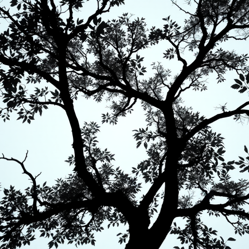 generate a high-resolution image of a minimalistic black silhouette of a tree with detailed branches and leaves, camera settings: ISO 100, aperture f/8, shutter speed 1/60s, camera view: eye level, camera style: clean and modern, camera type: digital DSLR