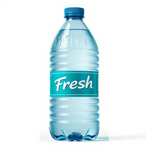 Create a hyper-realistic illustration of a water bottle, featuring a turquoise label with the word "Fresh," using an aperture of f/2.8, ISO 100, shutter speed of 1/125s, shot in a studio setup with soft lighting and a white backdrop, utilizing a DSLR camera.