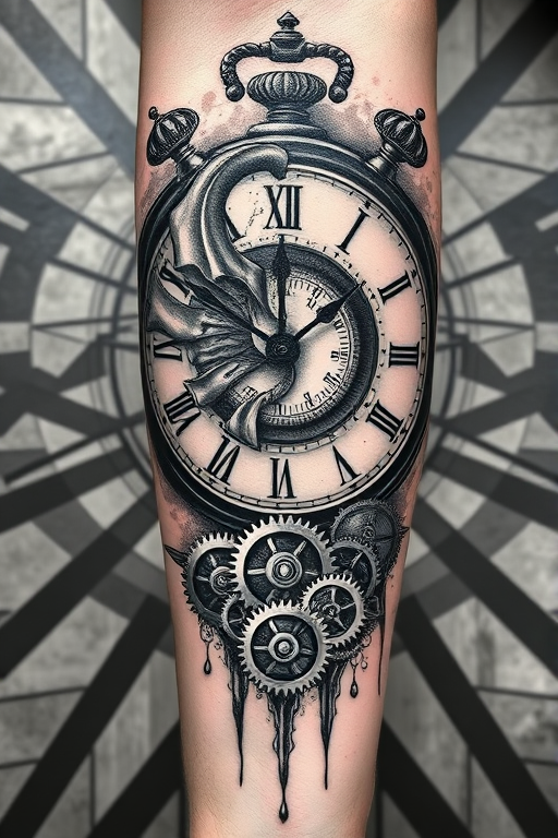 Surrealist blackwork tattoo called "Temporal Illusion" portraying a melting clock face intertwined with anatomically correct gears and cogs, juxtaposed against a backdrop of stark geometric patterns, creating a powerful visual metaphor for the passage of time, ideal for forearm or calf placement